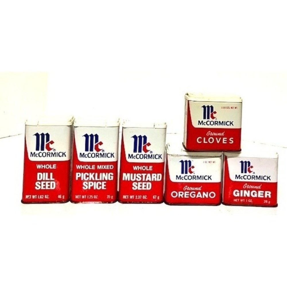 6 VTG McCormick Spice Tins Ginger Cloves Oregano Dill Seed Pickling Mustard Seed